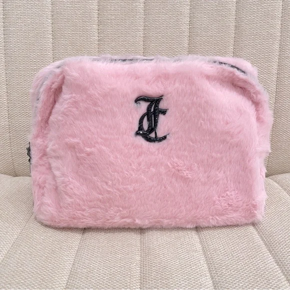 NEW Juicy Couture Pink Fur Black Rhinestone Logo Makeup Bag - Picture 1 of 4